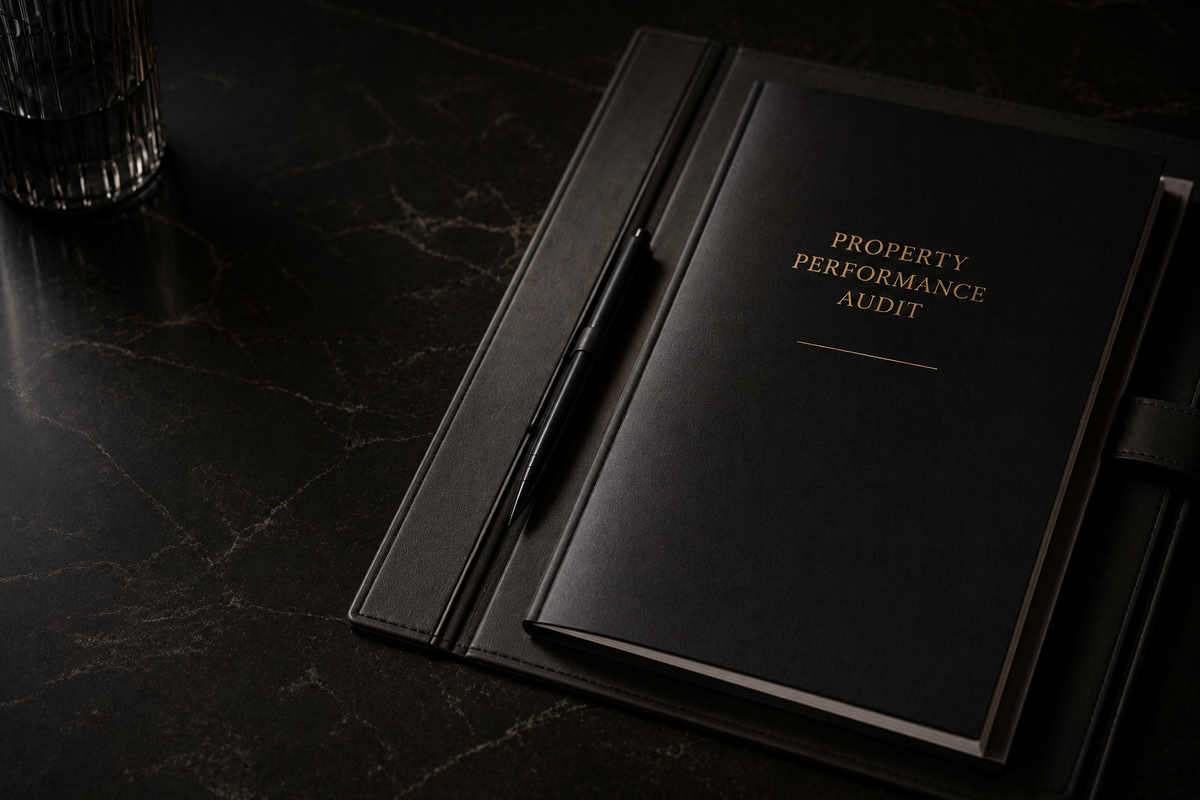 A black leather-bound Property Performance Audit notebook with gold lettering, resting on a dark marble surface next to a glass.