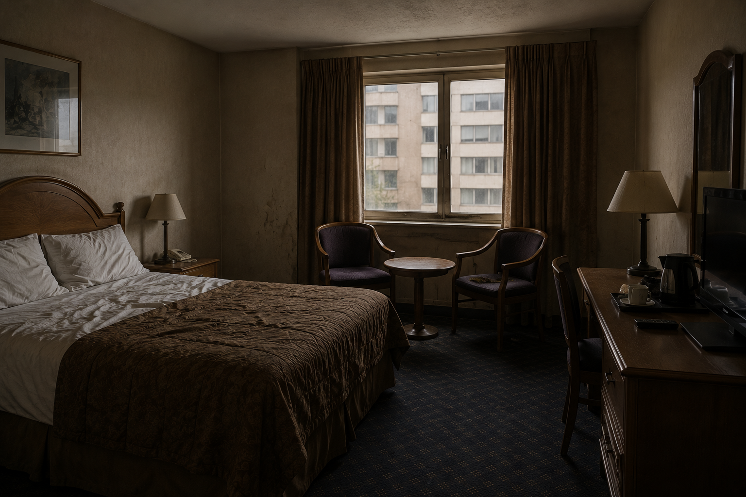 A dimly lit hotel room with a made bed in the foreground, a small seating area with two chairs and a round table near the window, and a desk on the right side.