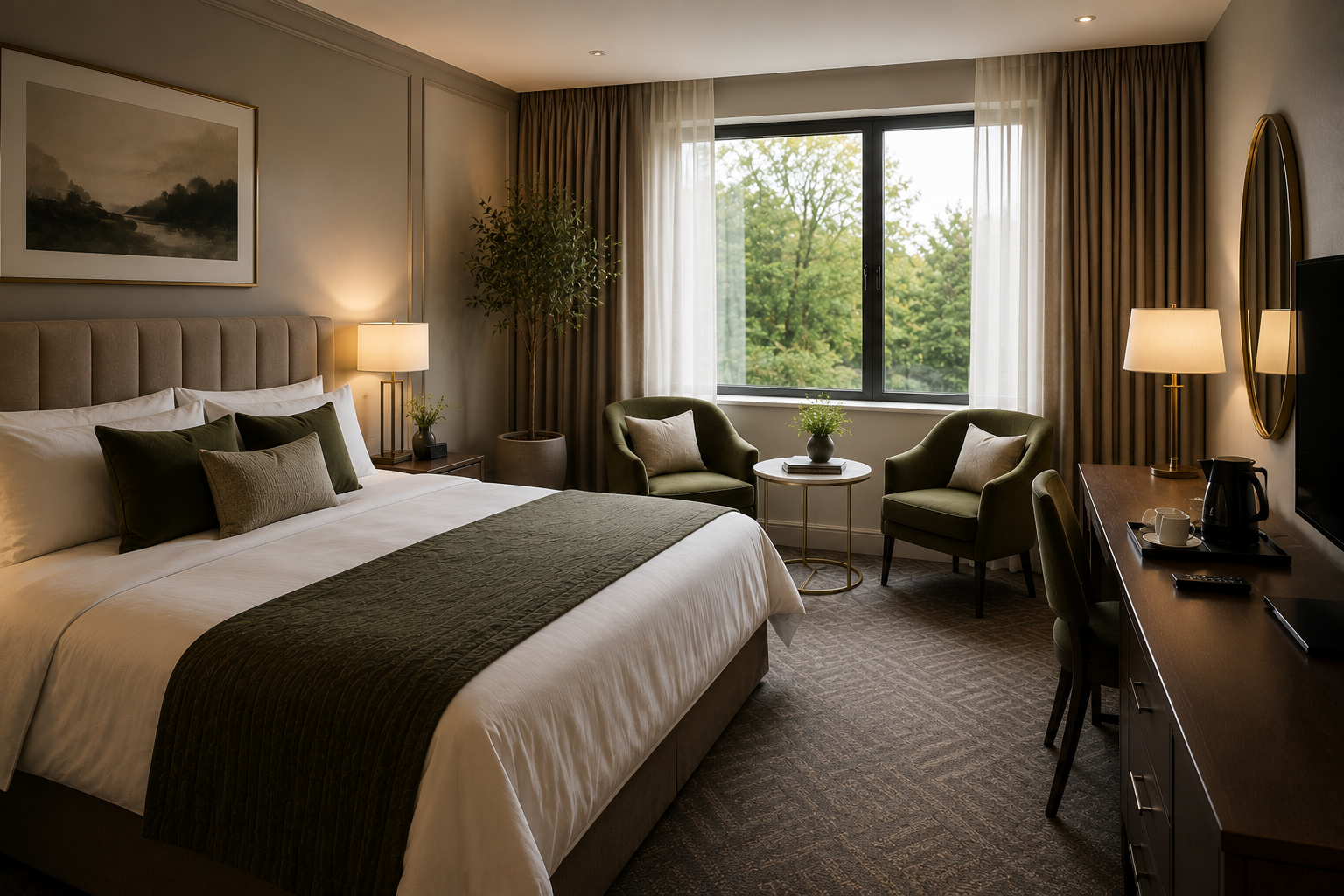 A luxury hotel bedroom featuring a neatly made bed with white linens and a dark olive green throw, a matching green armchair, a small round side table, and a large window looking out onto green trees.