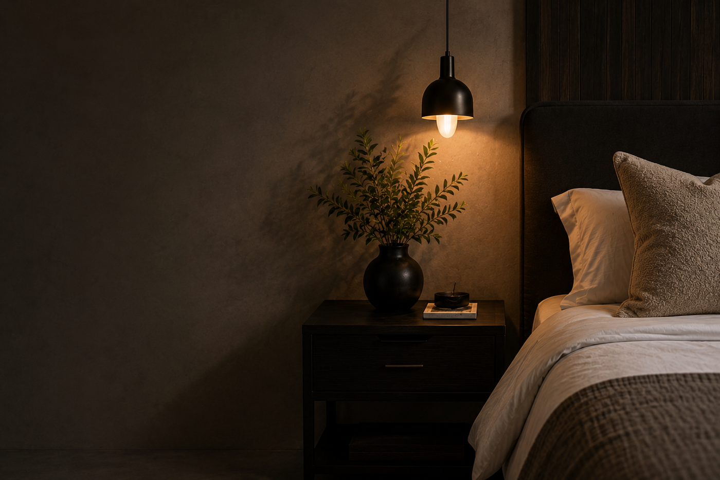 Cozy minimalist bedroom at night
